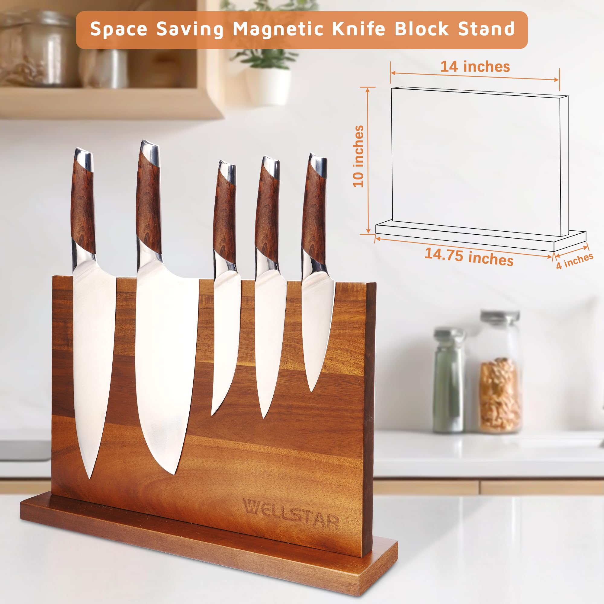 Modern Acacia Magnetic Knife Block Holder 14 x 10 Inches, Large Dual-Sided Strong Magnet Wood knives Stand, Luxurious Kitchen Counter Rack Organizer for a Stable and Stylish Cutlery Display