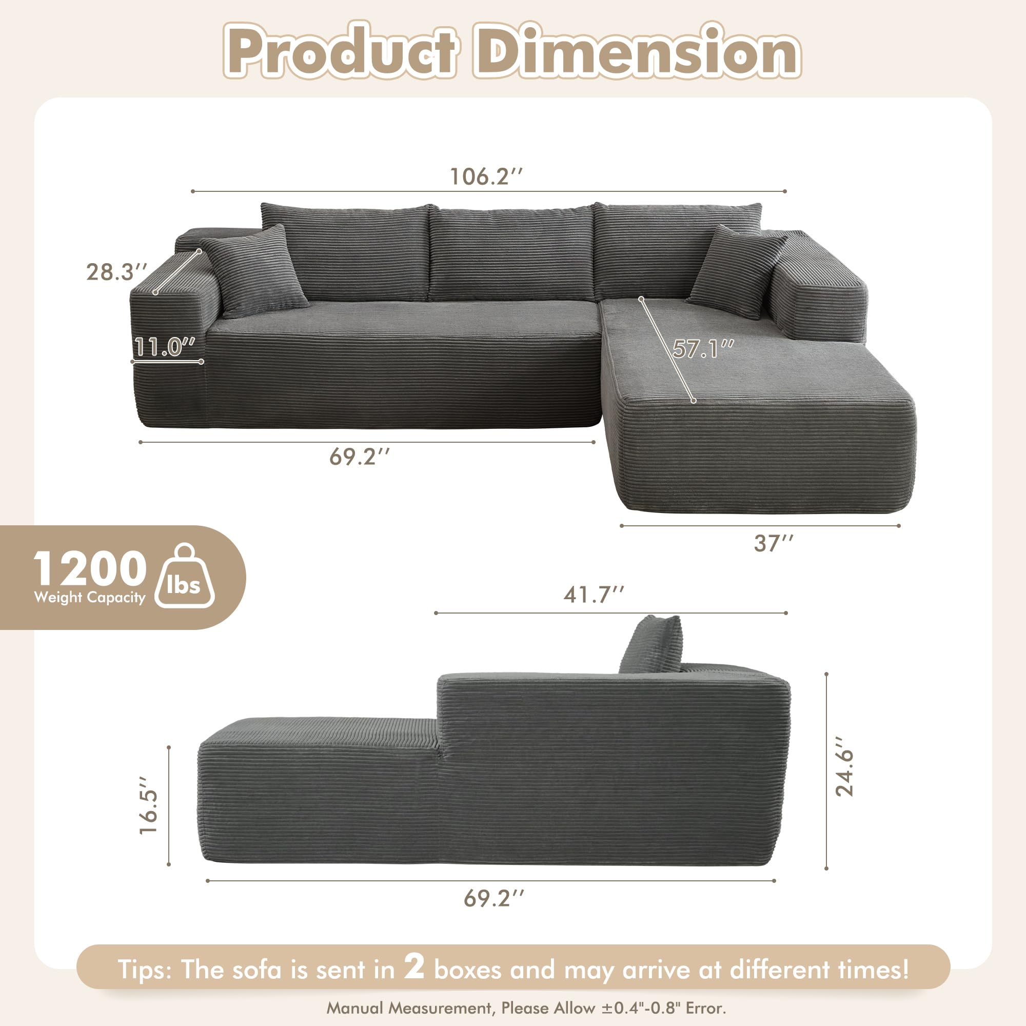 106" Cloud Sectional Couch with Chaise Longue,L Shaped Modular Modern Sofa,Comfy Corduroy Fluffy Couch with Deep Seat,No Assembly Required Couch for Living Room(Right,Stripe Corduroy,Gray)