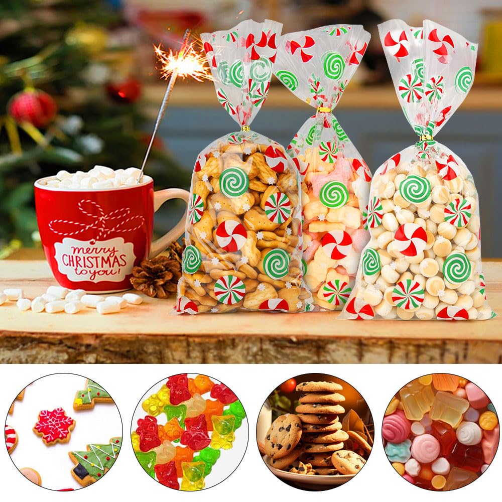 Christmas Treat Bags, Christmas Cellophane Bags, 50Pcs Christmas Candy Bags, Cellophane Treat Bags with Twist Ties, Cellophane Gift Bags Cookie Bags Goodie Bags for Xmas Holiday Party Favors Supplies