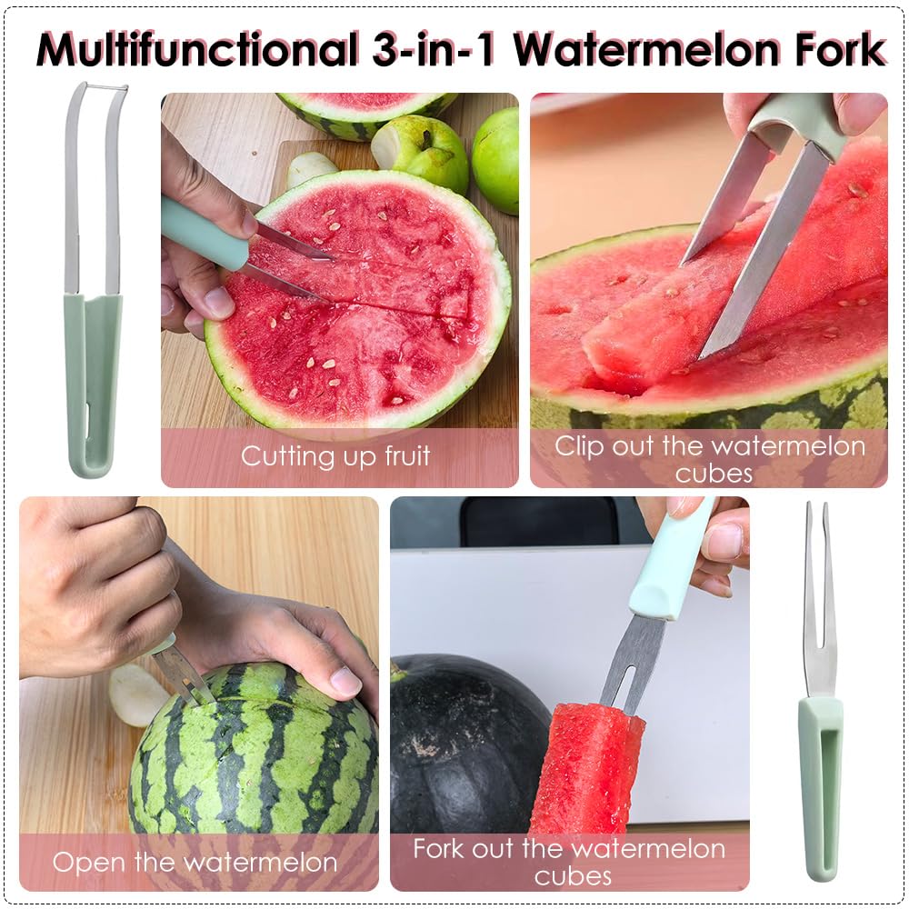 YEPVIE Watermelon Cutter Slicer Tool, 3-in-1 Stainless Steel Watermelon Fork Slicer and Popsicle Cutter with Clear Wall Hook, Portable Fruit Cutter Set for Home, Kitchen and Camping