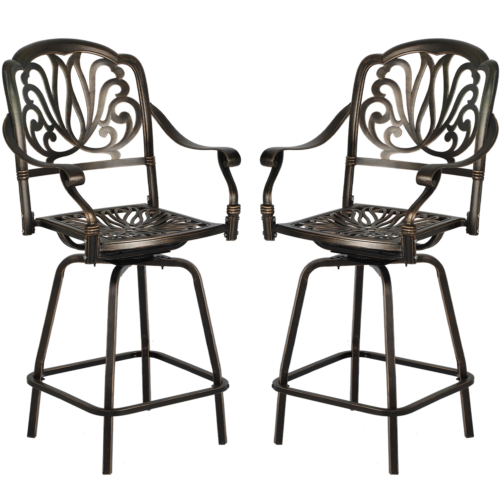 Grepatio Outdoor Cast Aluminum Swivel Bar Stools Set of 2, Patio Height Bartools Chairs, 2 Piece Patio High Dining Bistro Chairs for Garden Backyard (Without Cushion)