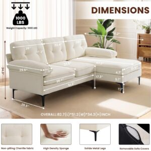 LANELIFE 83.07" W 3-Seat Sofa, L Shaped Reversible Sectional Sofa Bed,Extra Wide Convertible Chaise Lounge with Removable Cover, Chenille Couch for Living Room, Apartment and Small Space (White)