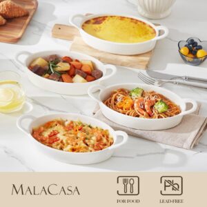 MALACASA Oval Au Gratin Baking Dish, 22 oz Casserole Dishes for Oven Safe, Ceramic Mini Baking Pan with Handles, Set of 4 Small Au Gratin Pans for Roasting, Lasagna, Pie, Baking Meat & Vegetables, White