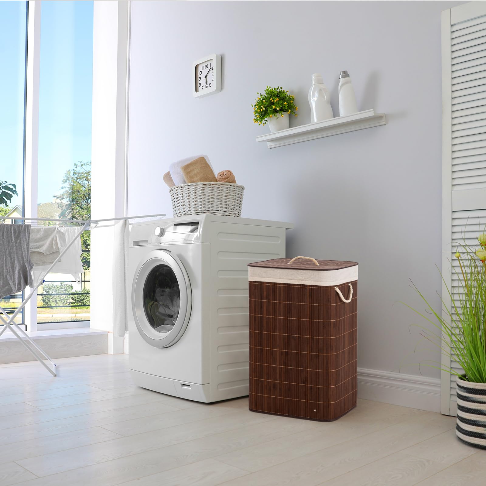 Btamree Laundry Hamper with Lid, Bamboo Laundry Basket with Handles & Removable Liner, 19 Gal (72L) Foldable Laundry Hamper for Laundry Room, Bedroom, Bathroom, Living Room (Square Brown)