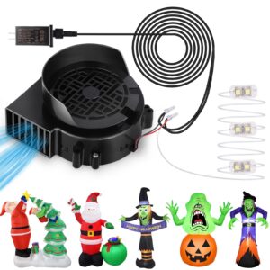 inflatable fan replacement, 0.8a air fan blower with 1.0a adapter and 3 leds bulbs light strings for halloween, thanksgiving and christmas inflatables (ip68 waterproof, 3.8 * 3.8'')