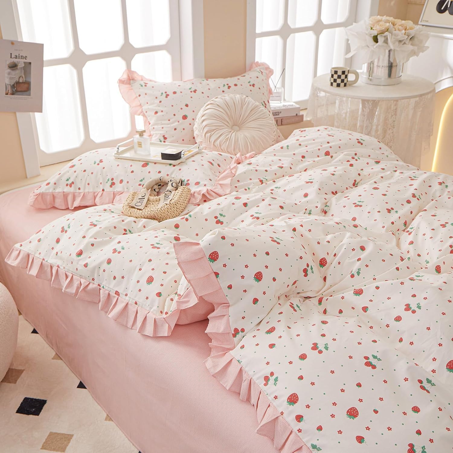 MKXI Strawberry Comforter Set Twin XL Pink White Floral Comforters Kawaii Fruits Artistic Bedding Set Princess Twin Bed Comforter with Ruffles Girls Pink Flowers Bedding Comforter Duvet Set