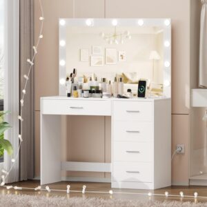 Irontar Vanity Desk with Charging Station, Makeup Table with Large Mirror, Makeup Vanity with Lights, Brightness Adjustable, Dressing Table Desk with 5 Drawers, Bedroom Vanity Table, White WDT010W