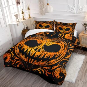 CCoutueChen Demon Pumpkin Face Duvet Cover Set Queen Size Halloween Duvet Cover Black Orange Bedding Set Horror Themed Comforter Cover for Girls 3Pcs Bed Set with Zipper Closure