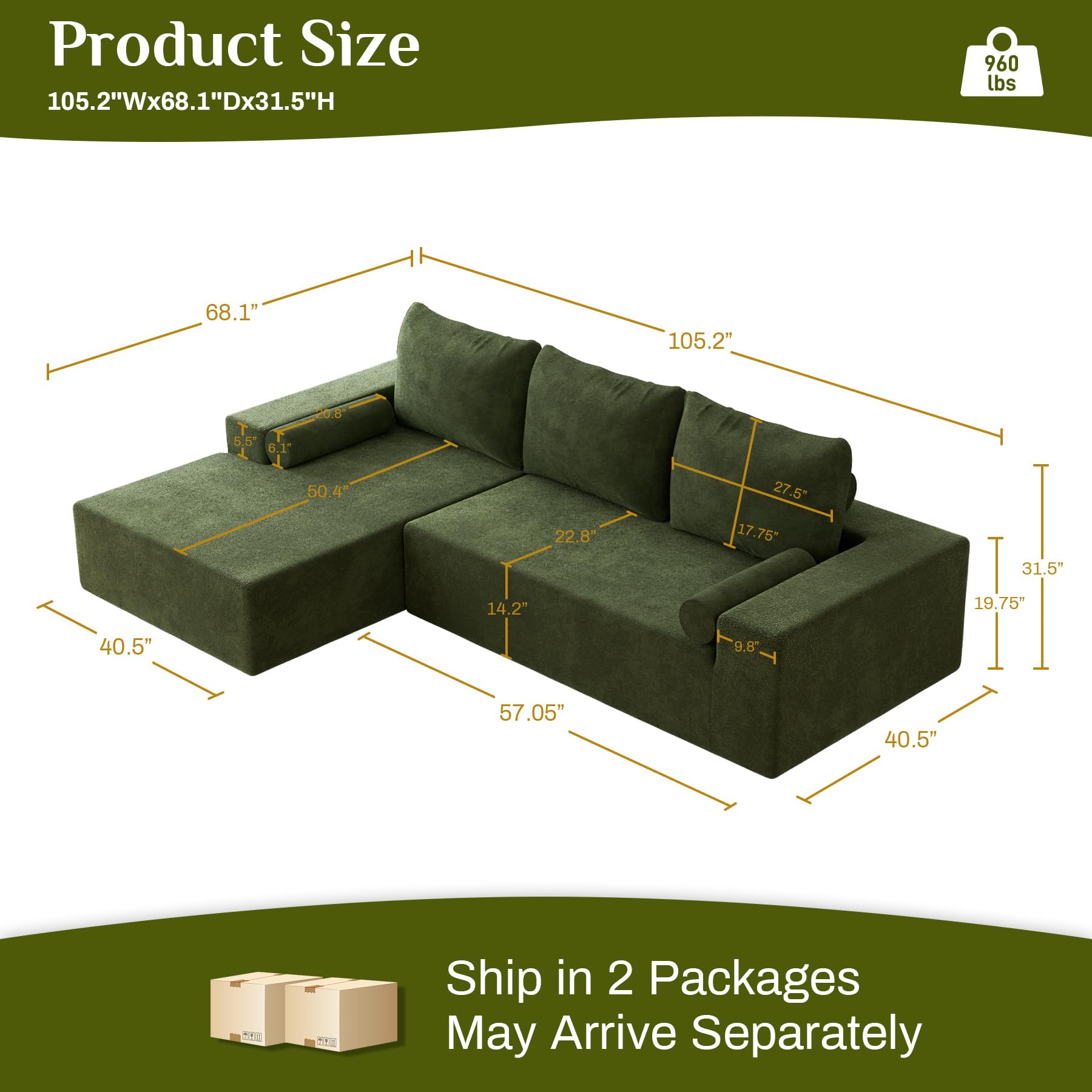 Nolohoo L-Shape Modular Sectional Sofa Couch, 105.2" Comfy Cloud Couch Deep Seat with Chaise Lounge, Modern Corner Sofa Upholstered Chenille 5 Seater Couches for Living Room, Green