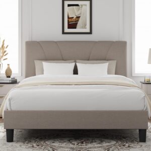 novilla queen bed frame with headboard, bed frame queen size with wood slats support,linen upholstered adjustable headboard, no box spring needed, heavy duty feet, easy assembly, beige