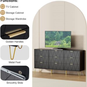 UEV Black Dresser for Bedroom,Modern 9 Drawer Triple Dresser with Gold Accents,Long Storage Dresser for TV Stand & Closet,Large Chest of Drawers for Living Room,Hallway,Entryway