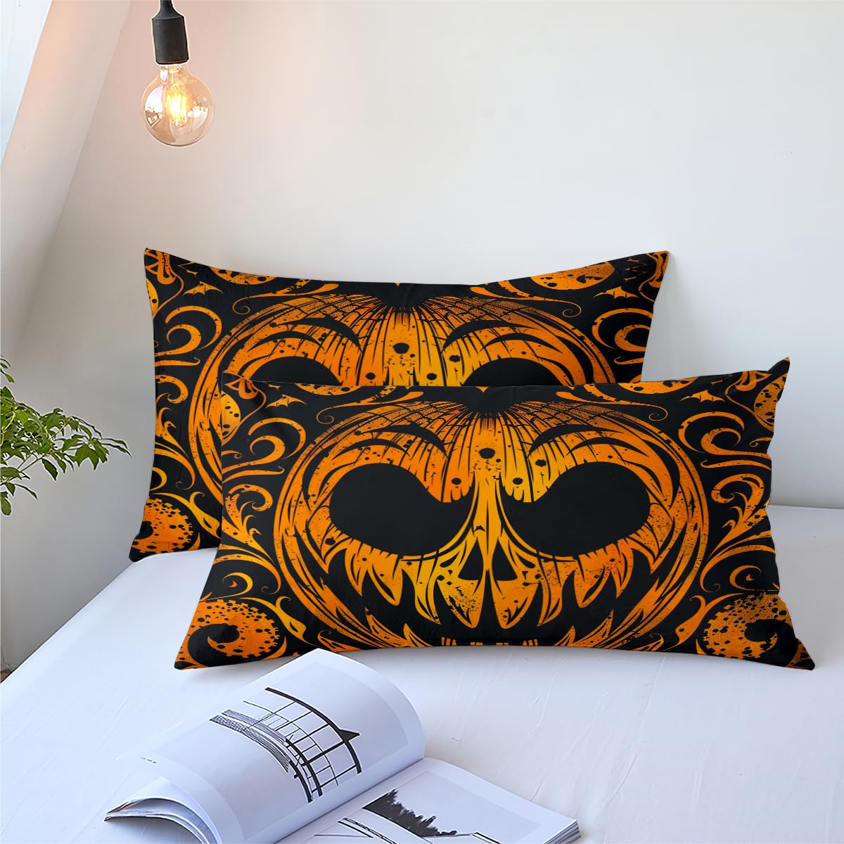 CCoutueChen Demon Pumpkin Face Duvet Cover Set Queen Size Halloween Duvet Cover Black Orange Bedding Set Horror Themed Comforter Cover for Girls 3Pcs Bed Set with Zipper Closure