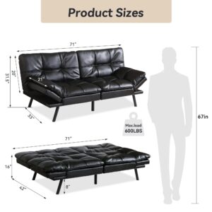 AMICLIBER Memory Foam Faux Leather Futon Sofa Bed Couch,Convertible Futon Sofa Couch,Loveseat Sleeper Sofa Bed,Small Splitback Modern Sofa Bed for Living Room,Office,Apartment,Bright Black