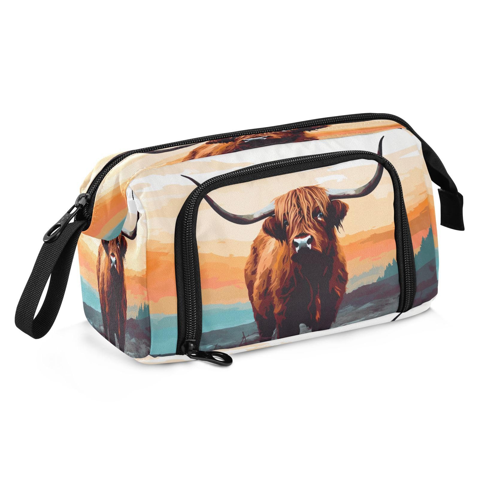 Emelivor Scotish Highland Cow Pencil Case Large Capacity Pencil Pouch Bag with Compartmens Pen Bag Case with Zipper Stationery Bag Pencil Organizer for College School Supplies Office Kids