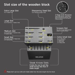 18-Slot Kitchen Knives Block, WELLSTAR Large Capacity Natural Wooden Knife Holder without Knives – Modern Hard Wood Counter-top Knife Storage with Built-in 2-Stage Knife Sharpener - Black