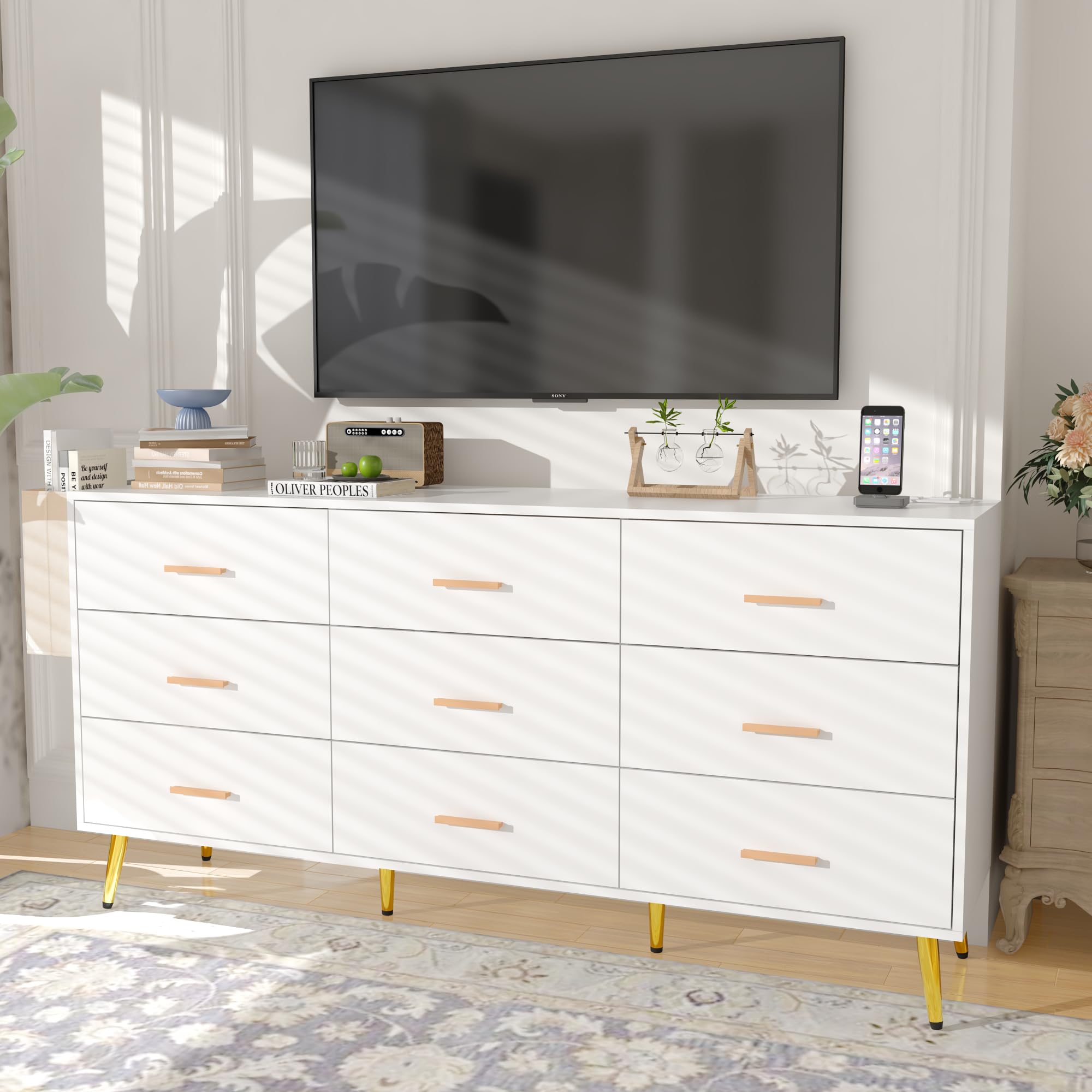 jiteentarou 9 Drawer Dresser for Bedroom, 63” Long Dresser with Charging Station, Modern Chest of Wide Drawers with Gold Handles & Storage Pocket, Wood Dresser for Kids Bedroom, Hallway, White