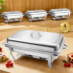 jacgood 8 qt 4 pack full size stainless steel chafing dishes buffet set, silver rectangular catering chafer warmer set with trays pan lid folding frame stand for kitchen party banquet dining