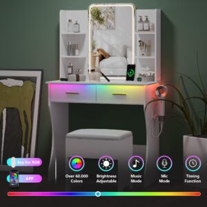 Small Vanity Desk with Mirror and Lights, Makeup Vanity Mirror with Lights Desk and Chair & 6 Shelves Compact White Vanity Mirror with RGB LED Lights 3 Lighting Adjustable Dressing Table for Women