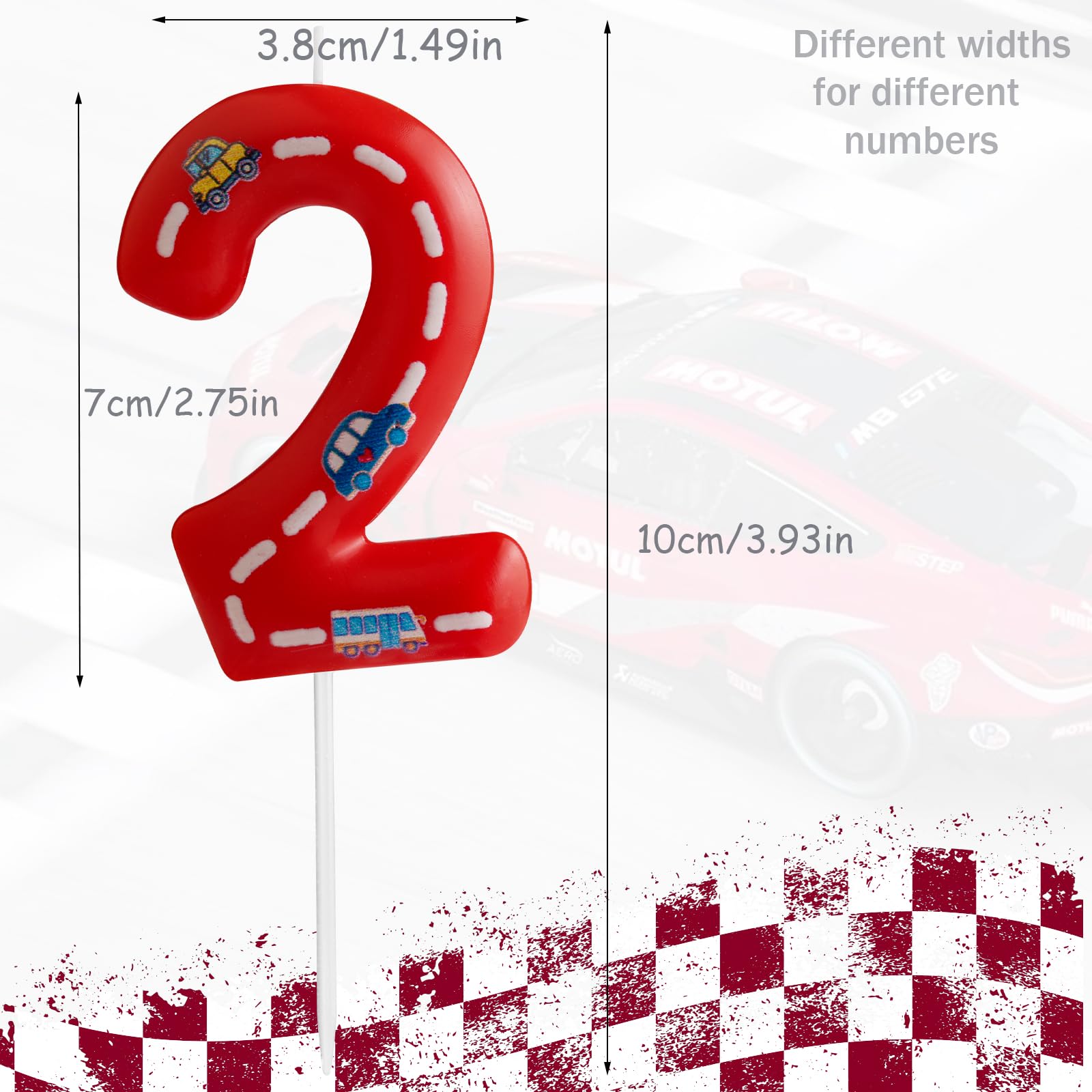 FUNCANDLE Racing Cars Birthday Candles,Red and White Stripes Number 2 Candles,Happy Birthday Candle Cars Cake Topper for Boys Girls Racing Car Traffic Theme Party Supplies Birthday Gifts