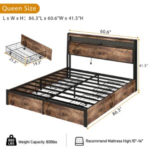 SADENICEL Queen Bed Frame with Storage Headboard and 4 Drawers, Metal Platform Bed Frame with LED Light, Charging Station, No Box Spring Needed, Noise Free, Easy Assembly, Vintage Brown