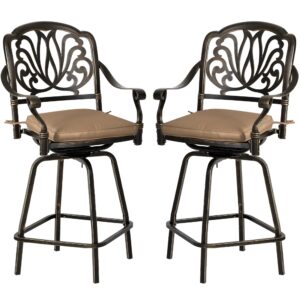 grepatio outdoor cast aluminum swivel bar stools set of 2, patio height bartools chairs, 2 piece patio high dining bistro chairs for garden backyard with cushion (khaki)