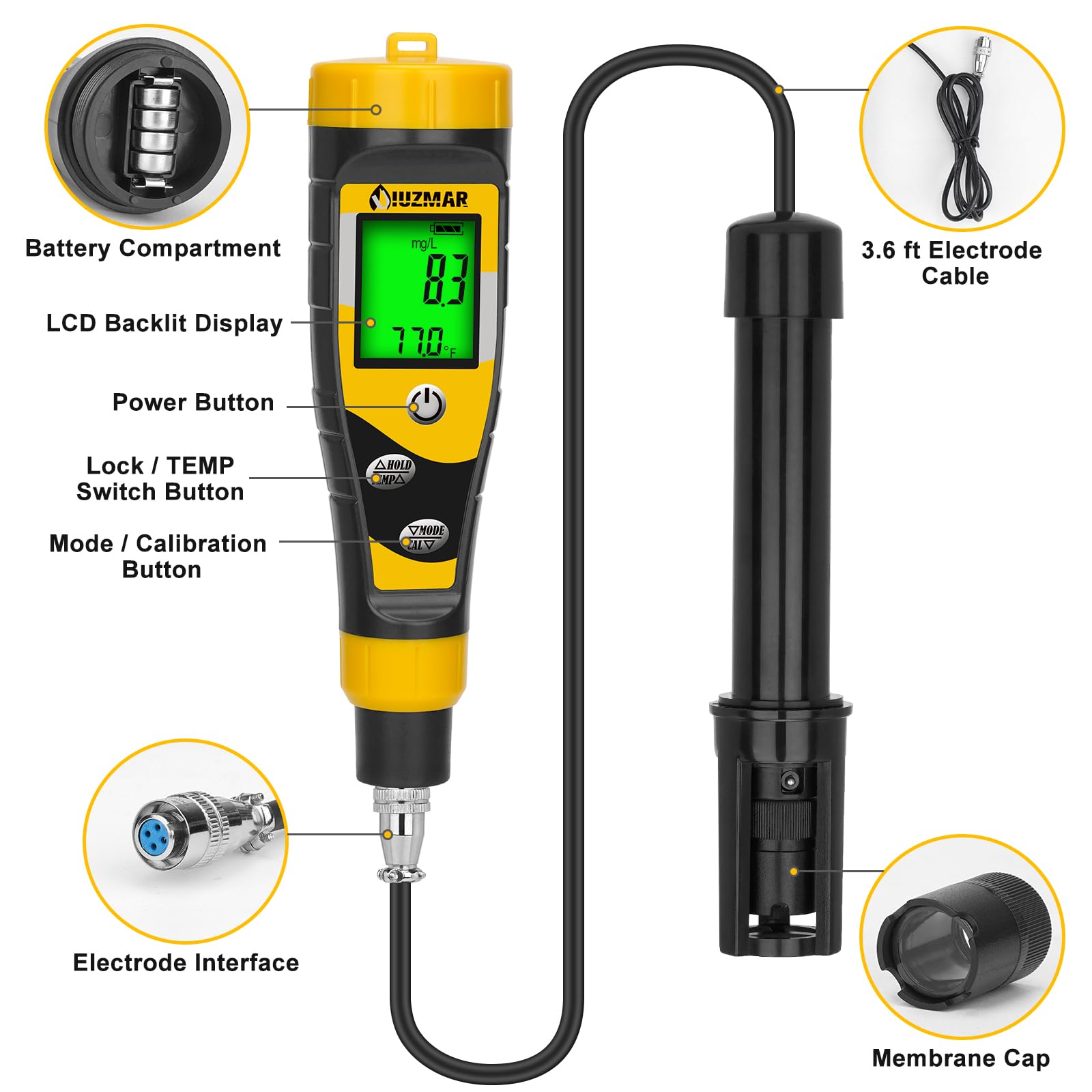 UIUZMAR Digital Dissolved Oxygen Meter Portable Dissolved Oxygen Test Kit with 3.6ft Electrode for Ponds Aquarium Aquaculture Do Meter for Water Fish Tank with Measuring Range 0.0‑40.0 Mg/L