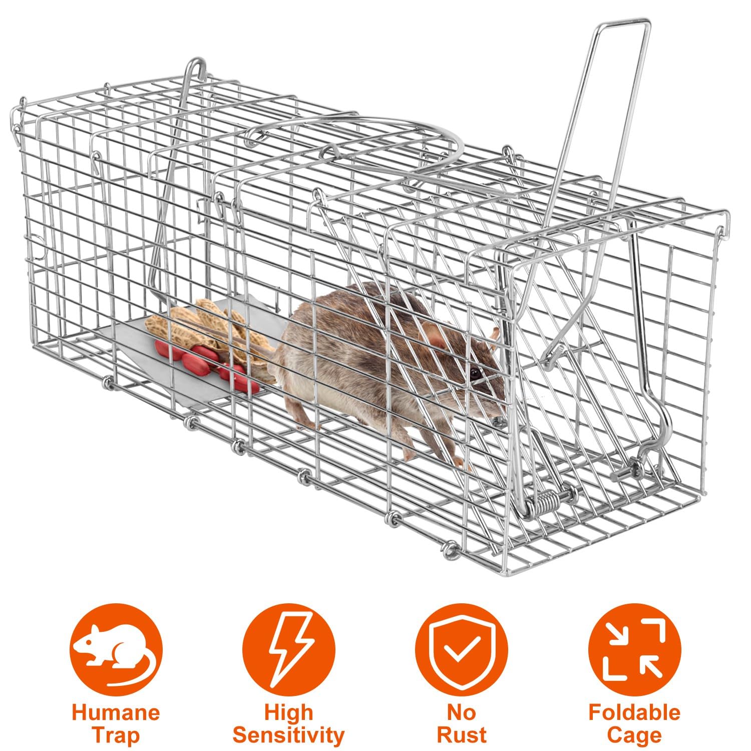 KOCASO Humane Live Rat Trap Foldable Live Animal Trap Humane Foldable Rat Trap Cage W/Detachable L Shaped Rod Squirrel Trap Galvanized Iron Mice Mouse Cage/Small Groundhog Control Bait Catch