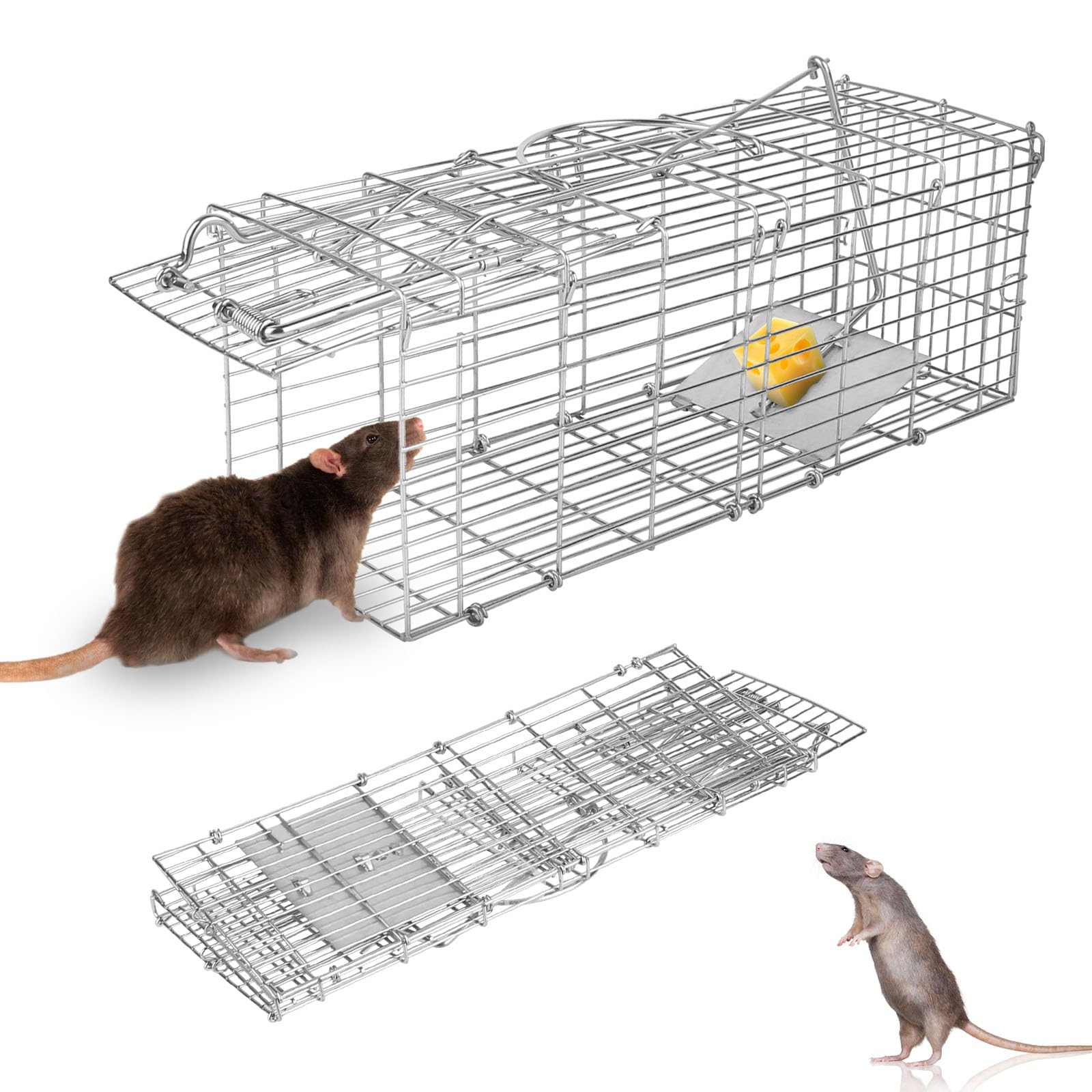 KOCASO Humane Live Rat Trap Foldable Live Animal Trap Humane Foldable Rat Trap Cage W/Detachable L Shaped Rod Squirrel Trap Galvanized Iron Mice Mouse Cage/Small Groundhog Control Bait Catch