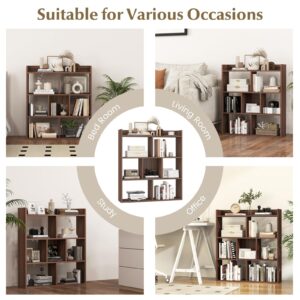 Giantex 7 Cube Bookshelf, Free-Standing Wooden Bookcase, 4 Tier Home Display Shelf, Horizontal Storage Unit w/Anti-Toppling Devices, Open-Back Display Rack for Study, Bedroom, Living Room, Walnut