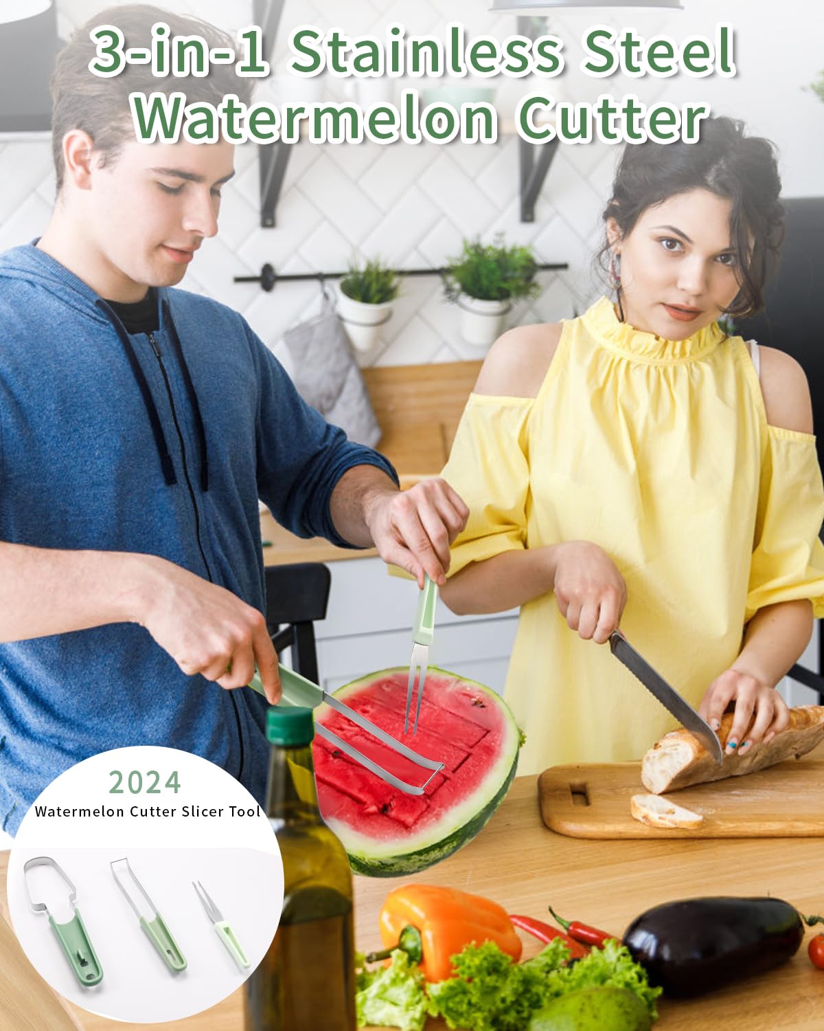 Stainless Steel 3-in-1 Watermelon Cutter Slicer Tool Portable Watermelon Popsicle Cutter Multifunctional Handheld Fruit Fork Quickly Cutting Tool Slicer Set for Home Camping Kitchen Gadgets（1PCS）