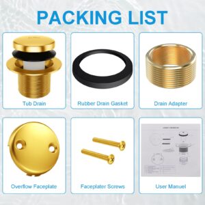 Bathtub Drain Kit Tub Drain Kit - Copper Tip-Toe Bath Tub Drain and Overflow Kit, Universal Bathtub Drain Stopper with Two-Hole Overflow Cover Plate, Brushed Gold