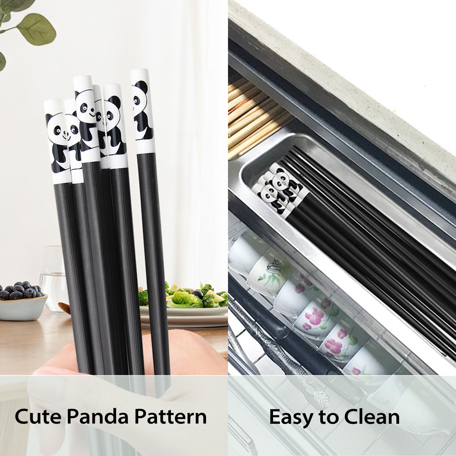 5 Pairs Fiberglass Panda Chopsticks-Reusable Chopsticks Dishwasher Safe, 9.49inch/24.1cm Matte Non-Slip Family/ Hotel/ Restaurant Chop Sticks, Chinese/Japanese Korean Hair ChopStick Gift