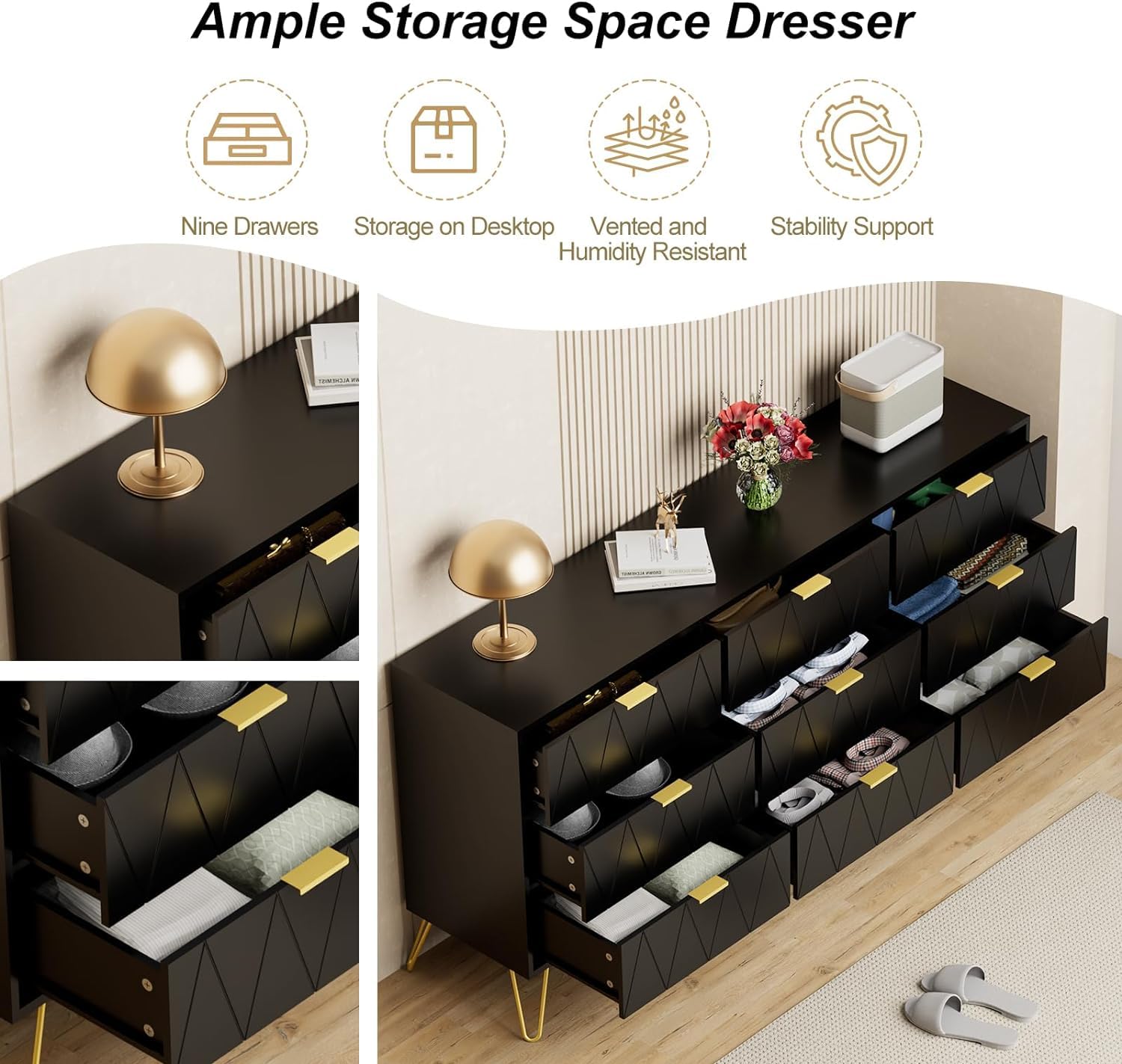 UEV Black Dresser for Bedroom,Modern 9 Drawer Triple Dresser with Gold Accents,Long Storage Dresser for TV Stand & Closet,Large Chest of Drawers for Living Room,Hallway,Entryway