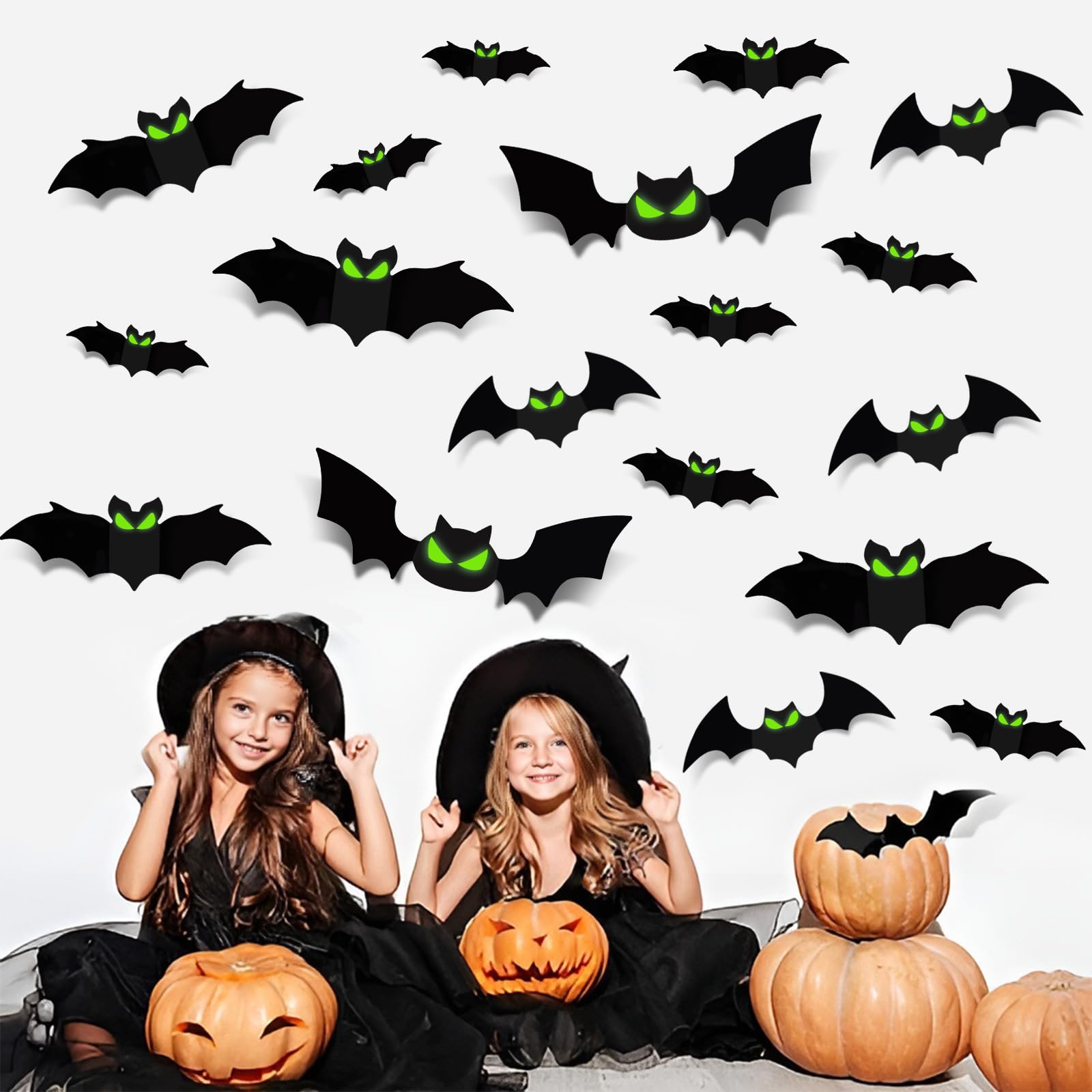 FOPINOA 3D Bats Wall Decor, 144 PCS Glow in The Dark Halloween Bats 4 Size Glow Bats Decorations Sticker Decals for Halloween Home Room Wall Decoration