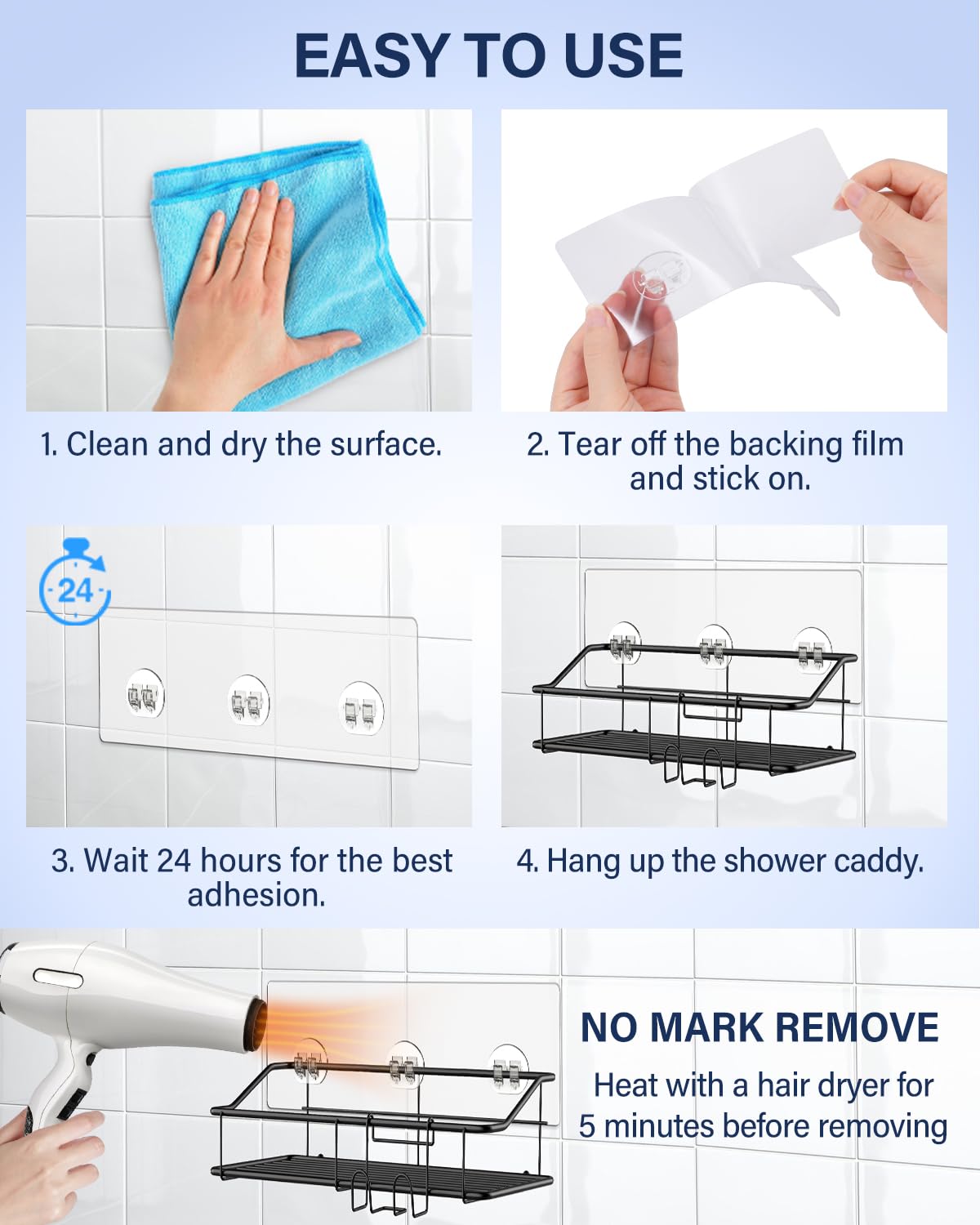 duskeep 20 Pack Shower Caddy Adhesive Replacement, Waterproof Shower Adhesive Strips, Strong Adhesive Wall Hooks for Shower Shelves, No Drilling, for Bathroom Storage Organizer & Kitchen Racks