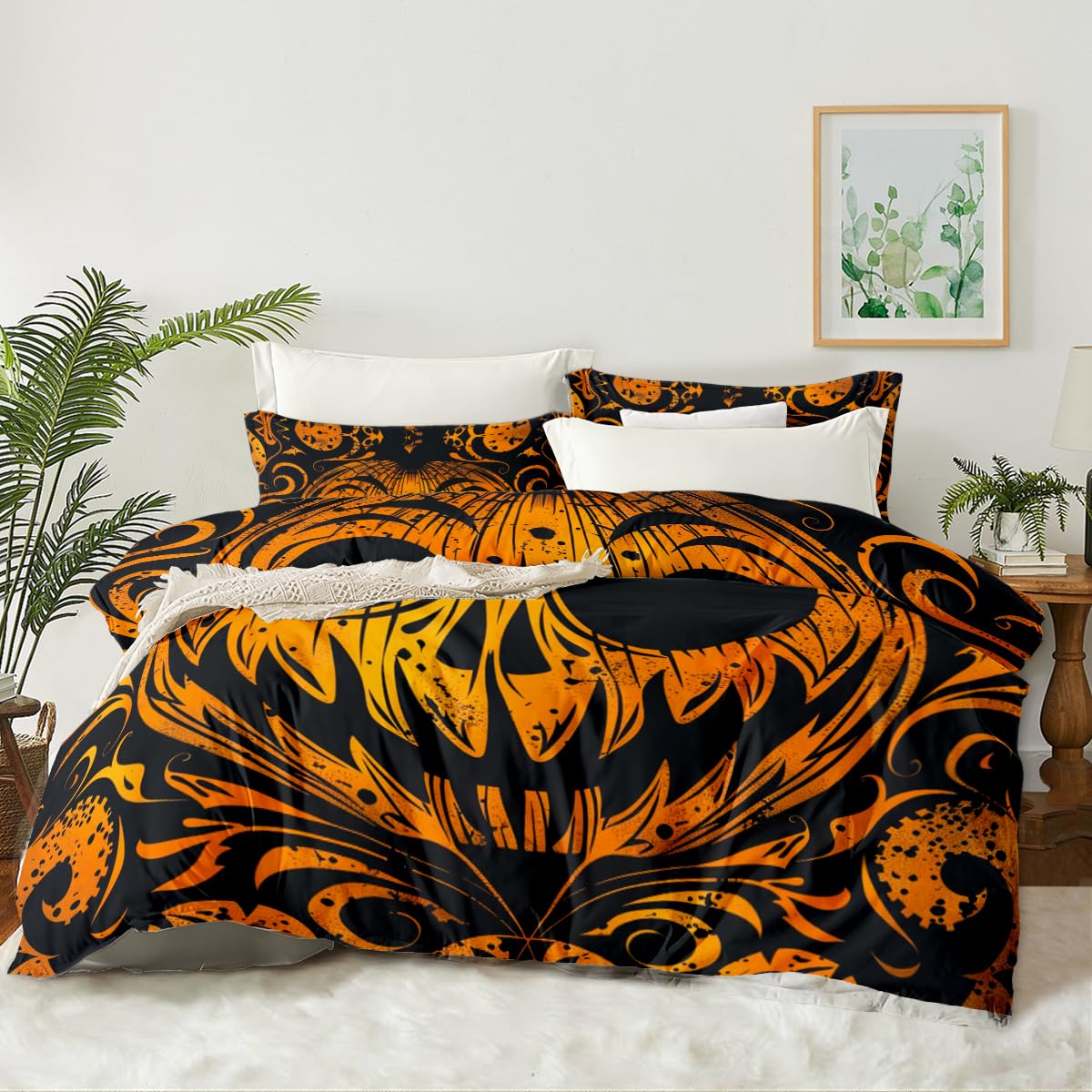 CCoutueChen Demon Pumpkin Face Duvet Cover Set Queen Size Halloween Duvet Cover Black Orange Bedding Set Horror Themed Comforter Cover for Girls 3Pcs Bed Set with Zipper Closure