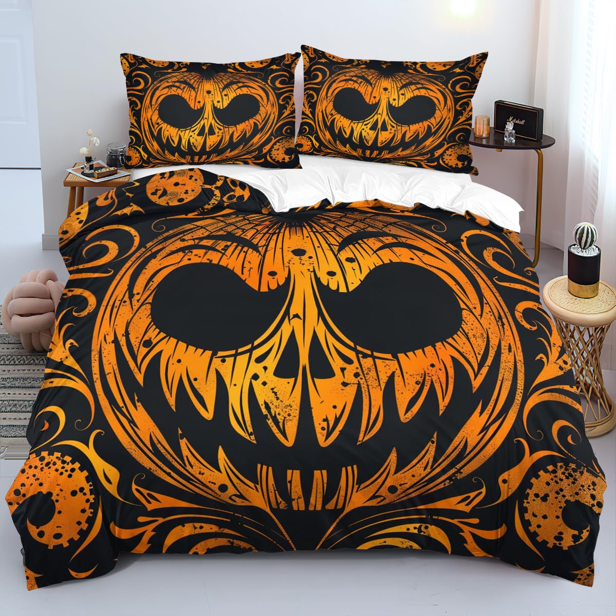 CCoutueChen Demon Pumpkin Face Duvet Cover Set Queen Size Halloween Duvet Cover Black Orange Bedding Set Horror Themed Comforter Cover for Girls 3Pcs Bed Set with Zipper Closure