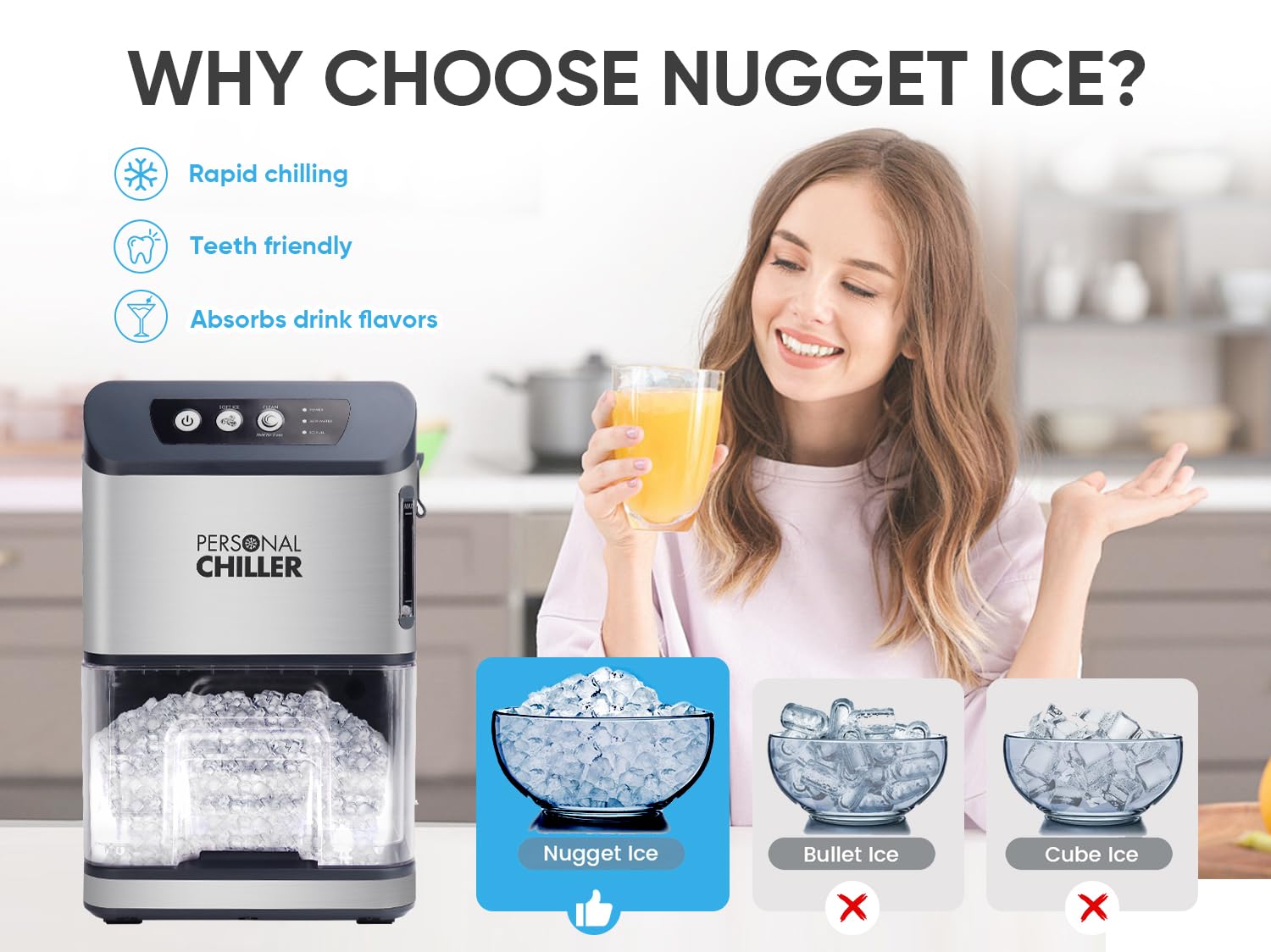 PERSONAL CHILLER Nugget Ice Maker Countertop, 55Lbs/24h Soft Chewable Ice Maker, Self-Cleaning Ice Machine for Home Bar, Business