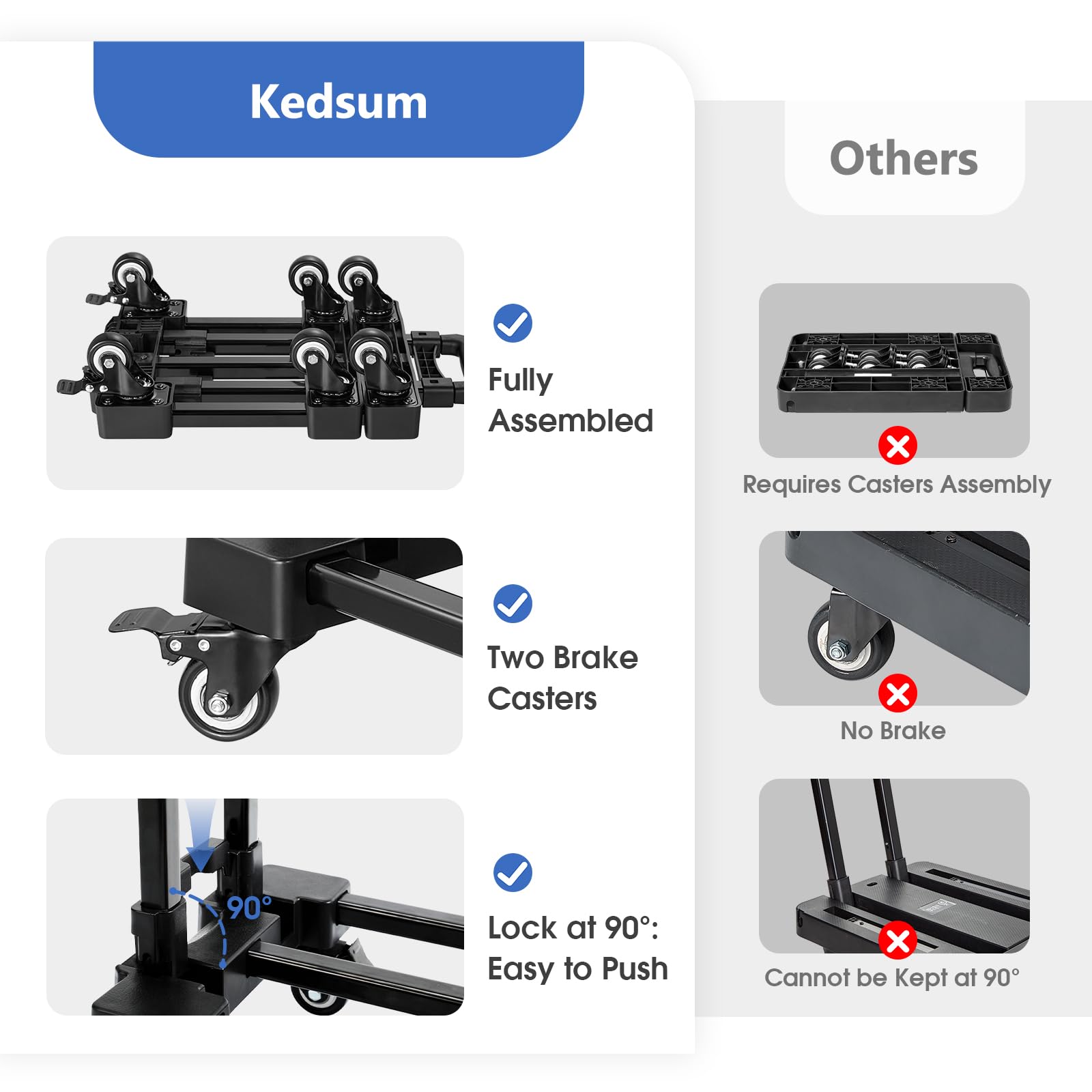 KEDSUM 90&150° Folding Hand Truck, 500lbs Heavy Duty Dolly Cart, Portable Luggage Cart with 6 Solid Construction Wheels, Collapsible Foldable Hand Cart for Shopping, Travel, Moving and Office Use