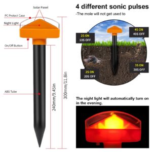 Mole Repellent Solar Powered 2-Pack, Gopher Repellent with Night Light Ultrasonic Vole Repellent Waterproof Groundhog Repellent Outdoor Snake Repellent Solar Animal Repellent for Yard, Lawn, Garden