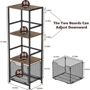 Jakyitvi 4-Tier Laundry Room Shelves with Storage Drawer, Adjustable-Shelf Storage Rack, Metal and Wood Industrial Unit Rack, Floor Standing Shelf for Narrow Space