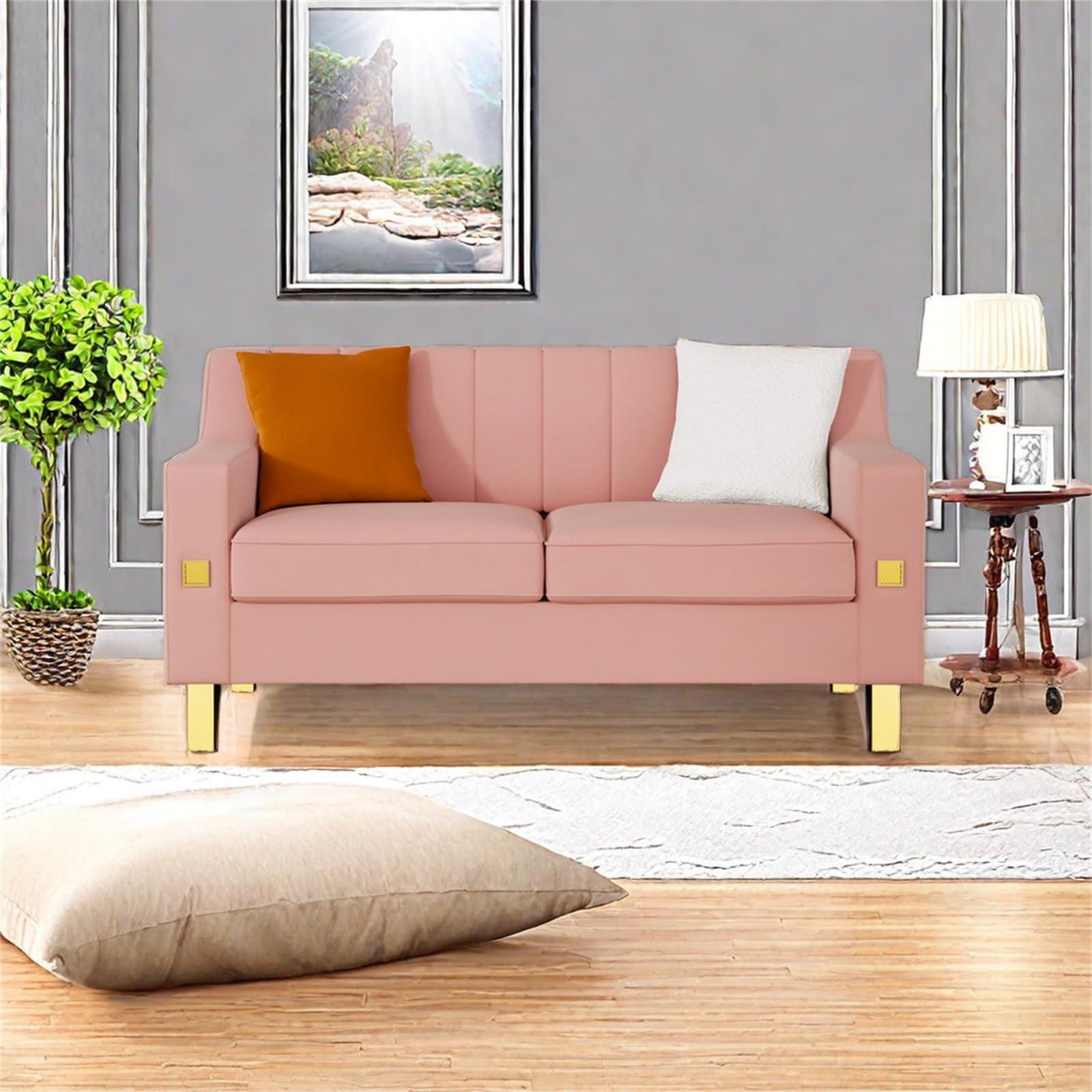 VLUOO 58” Velvet Pink Sofa Couch with Gold Accents, 2-Seat Modern Velvet Loveseat Sofa with Plush Cushions, Perfect for Living Room and Office