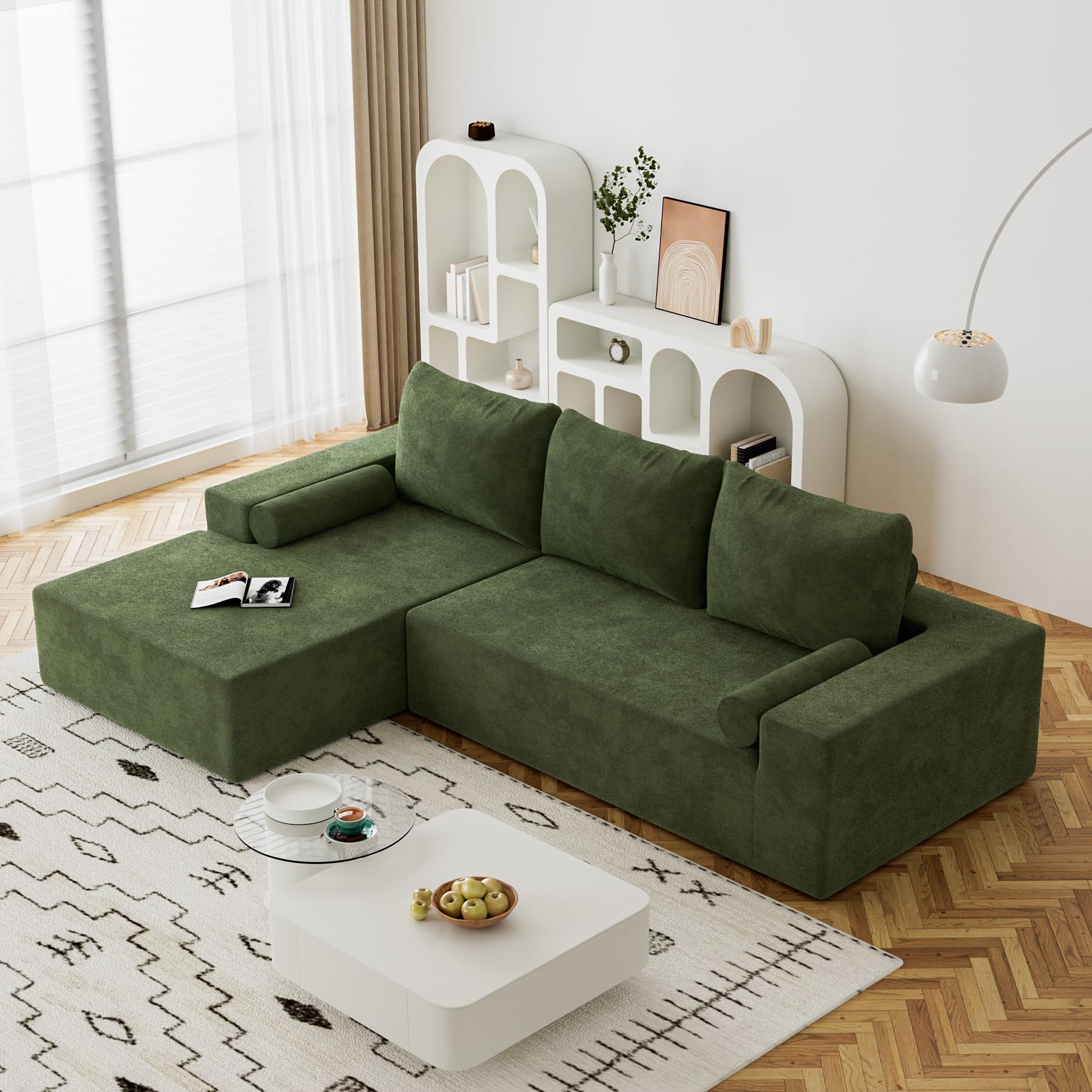 Nolohoo L-Shape Modular Sectional Sofa Couch, 105.2" Comfy Cloud Couch Deep Seat with Chaise Lounge, Modern Corner Sofa Upholstered Chenille 5 Seater Couches for Living Room, Green