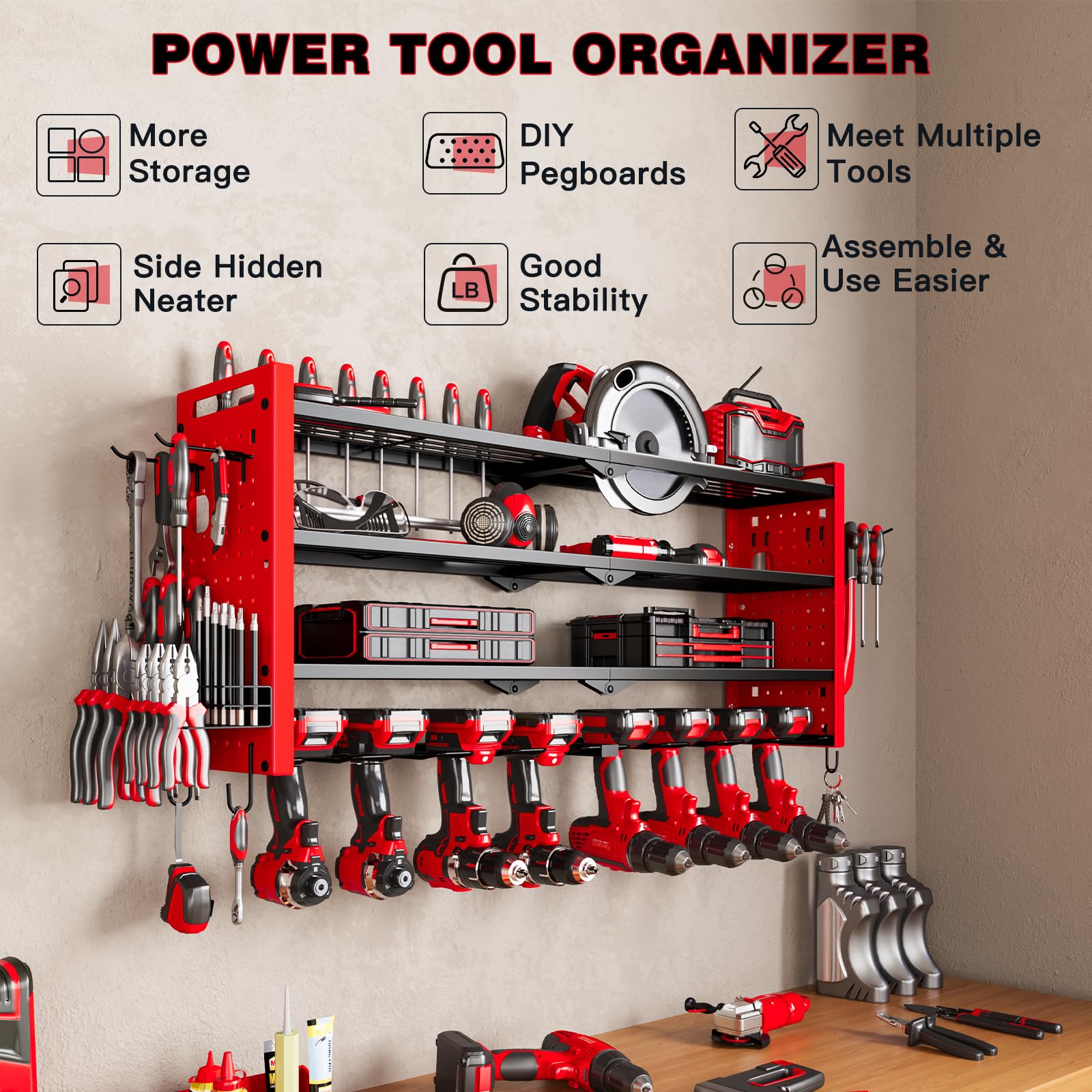 NattyDot Power Tool Organizer Wall Mount,Cordless Drill Organizer,4 Layers Large Capacity Tool Rack with 8 Drill Holders (RED)