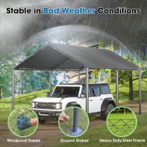 Carport, 10×20 Carport Canopy Portable Garage Tent with 6 Reinforced Metal Poles and Waterproof Shade Cover for Outdoor (Grey)