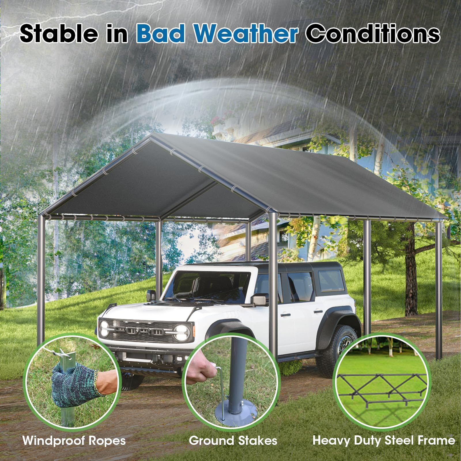 Carport, 10×20 Carport Canopy Portable Garage Tent with 6 Reinforced Metal Poles and Waterproof Shade Cover for Outdoor (Grey)