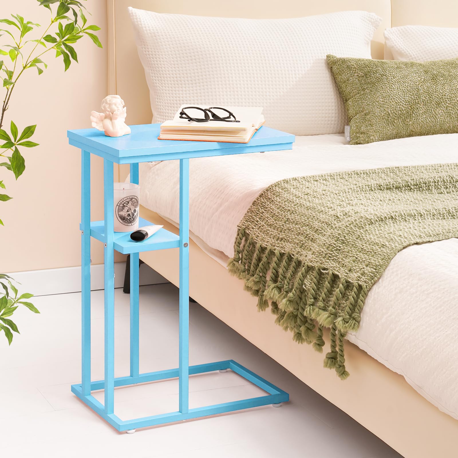 Yoobure C Shaped End Table, Side Table for Couch and Bed, Small Side Table for Small Spaces, Living Room, Bedroom, Rustic Snack Table