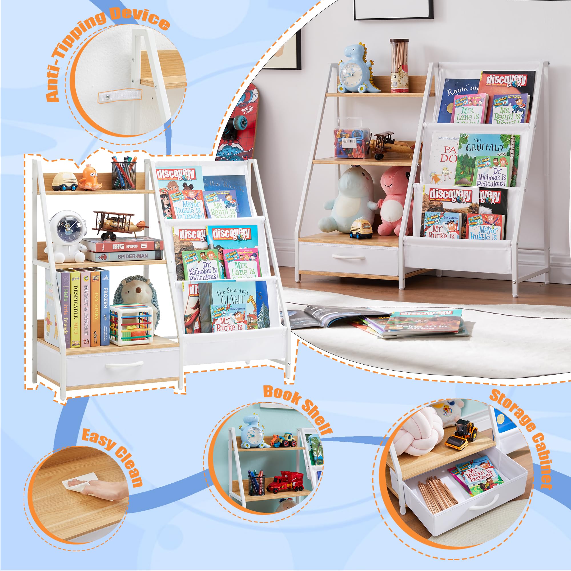 Kids Bookshelf and Toy Organizer, 3 Tier Bookshelf for Kids, Montessori Bookcase Book Shelf for Kids Rooms, Bedroom, Playroom, Nursery, Toy Storage Organizer with Bookshelf (Natural)