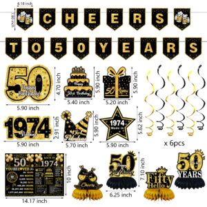 50th Birthday Decorations for Men Women, 22pcs Back in 1974 Banner Decorations，50 Years Old Birthday Backdrop, 1974 Guest Book, Balloons, Honeycomb Centerpiece, Hanging Swirl, Paper Poms, Sash