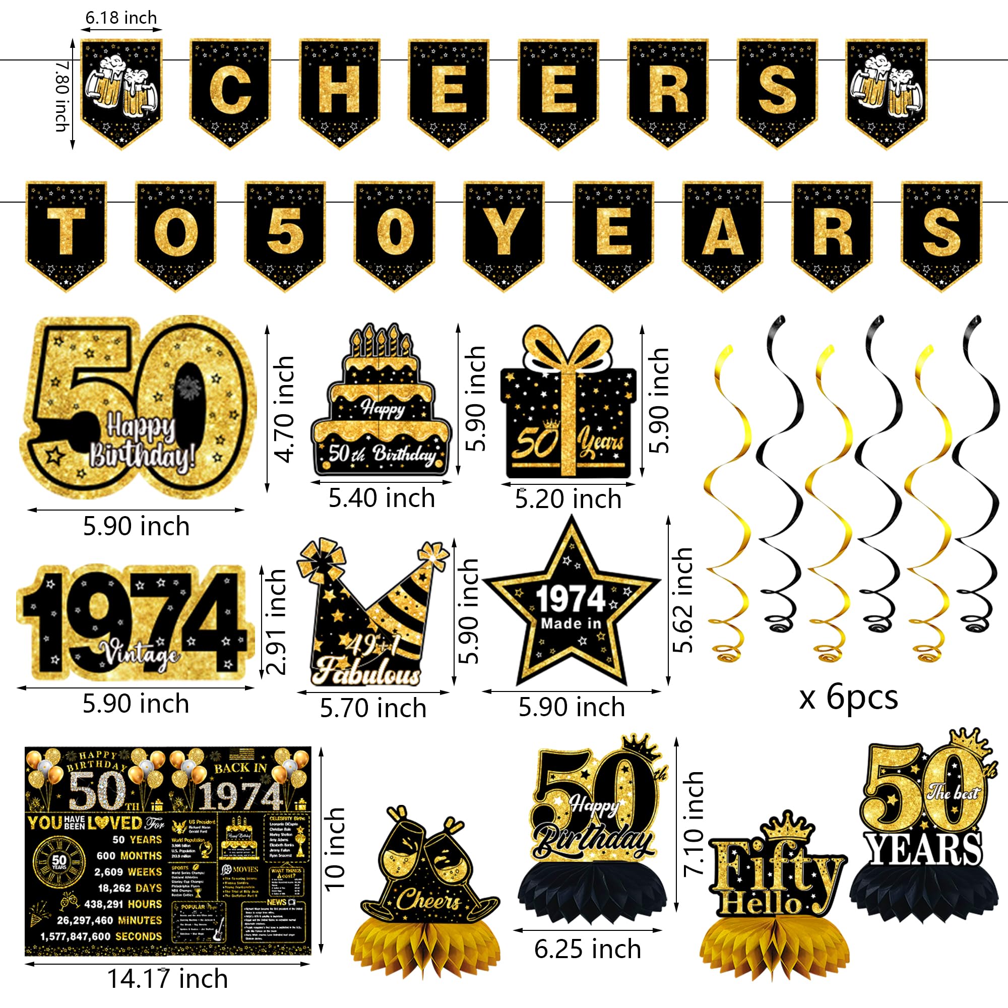 50th Birthday Decorations for Men Women, 22pcs Back in 1974 Banner Decorations，50 Years Old Birthday Backdrop, 1974 Guest Book, Balloons, Honeycomb Centerpiece, Hanging Swirl, Paper Poms, Sash